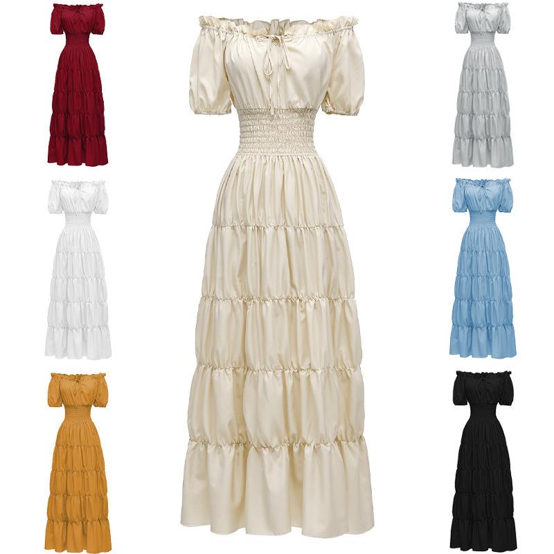 Women's Solid Color Short Sleeve Boat Neck Waist Medieval Retro Long Plus Size Dress