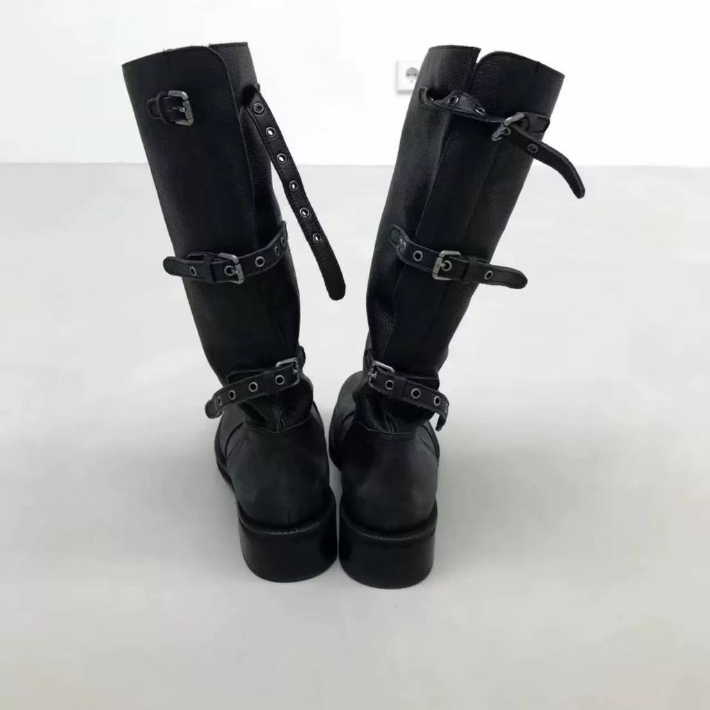 Cowhide Version Korean Version Thick Heel Pleated High Boots Women's New Folded Three-wear Outdoor Locomotive Boots Knight Boots Long Boots