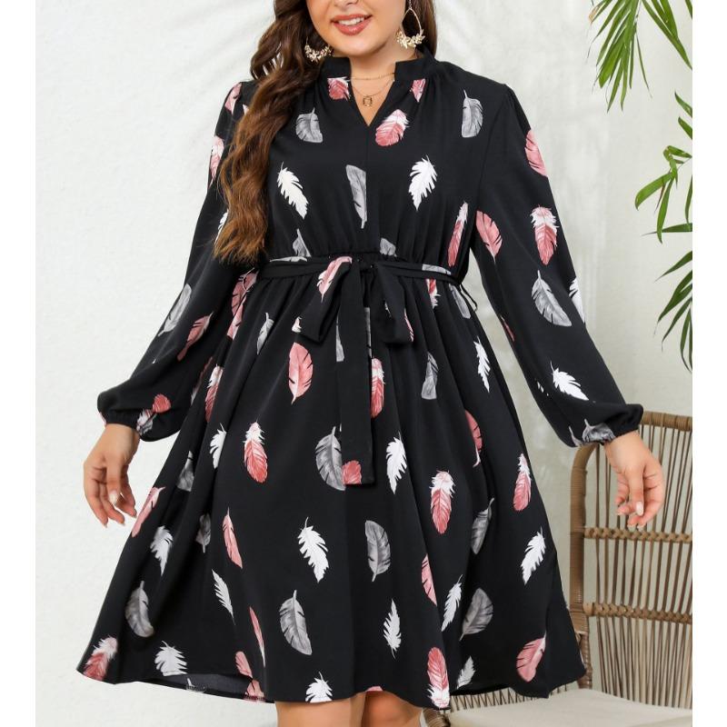 Женское платье больших размеров с V-образным вырезом и принтом на талии с длинными рукавами