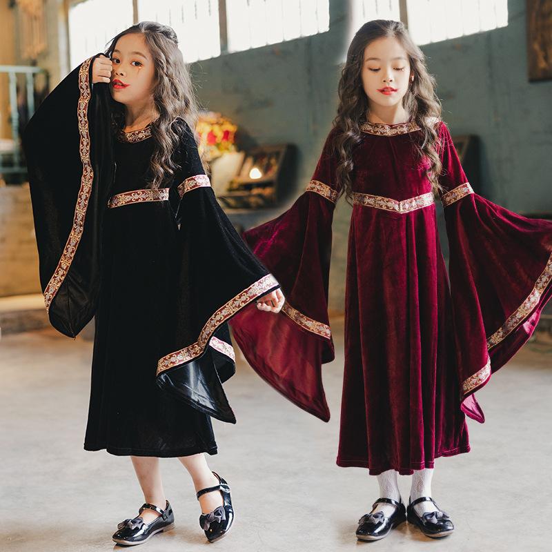 J-yuefang/Jingyuefang Medieval Renaissance Dress for Girls, Long Sleeve, Velvet, Burgundy