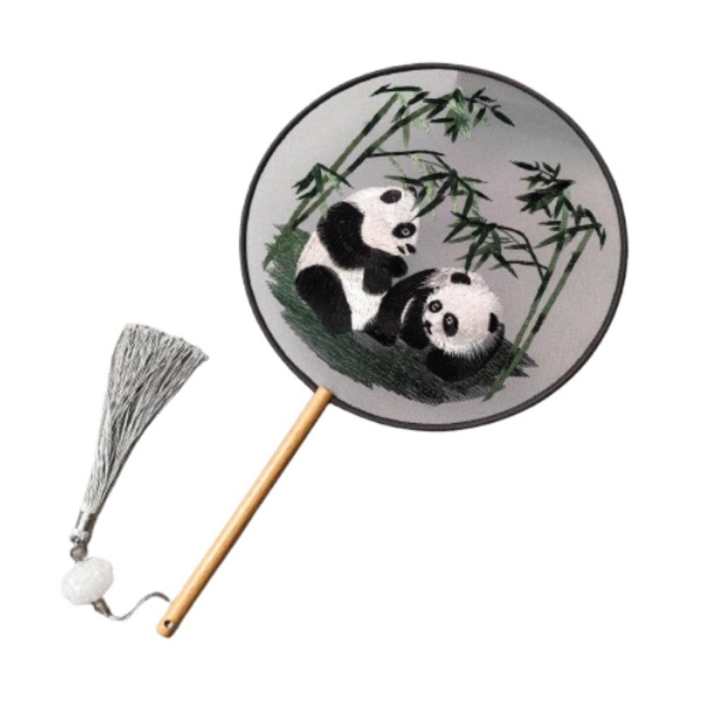 Creative Embroidered Silk Fan Cute Panda Embroidery Round Fan  Home Decorations