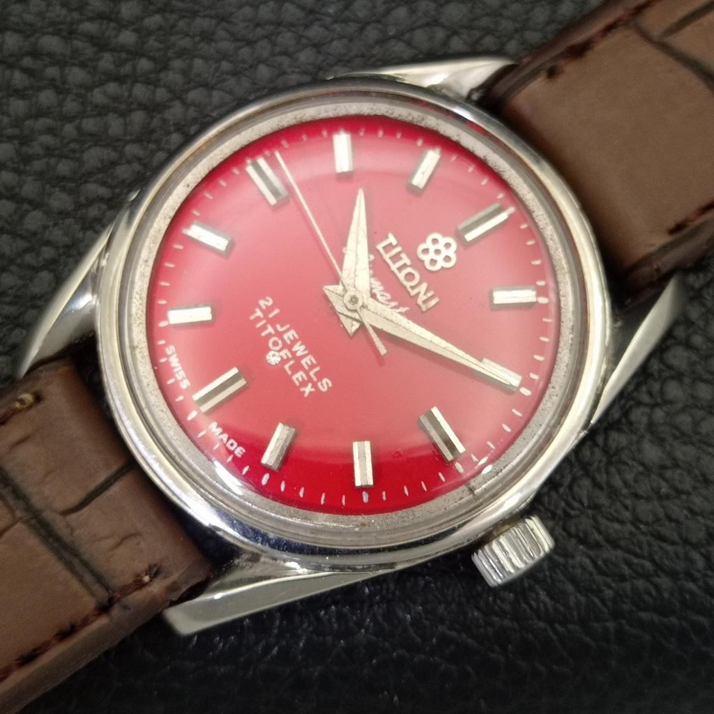 ШВЕЙЦАРСКИЕ ВИНТАЖНЫЕ TITONI AIRMASTER TITOFLEX С РУЧНЫМ ЗАВОДОМ МУЖСКИЕ КРАСНЫЕ ЧАСЫ a703213-1