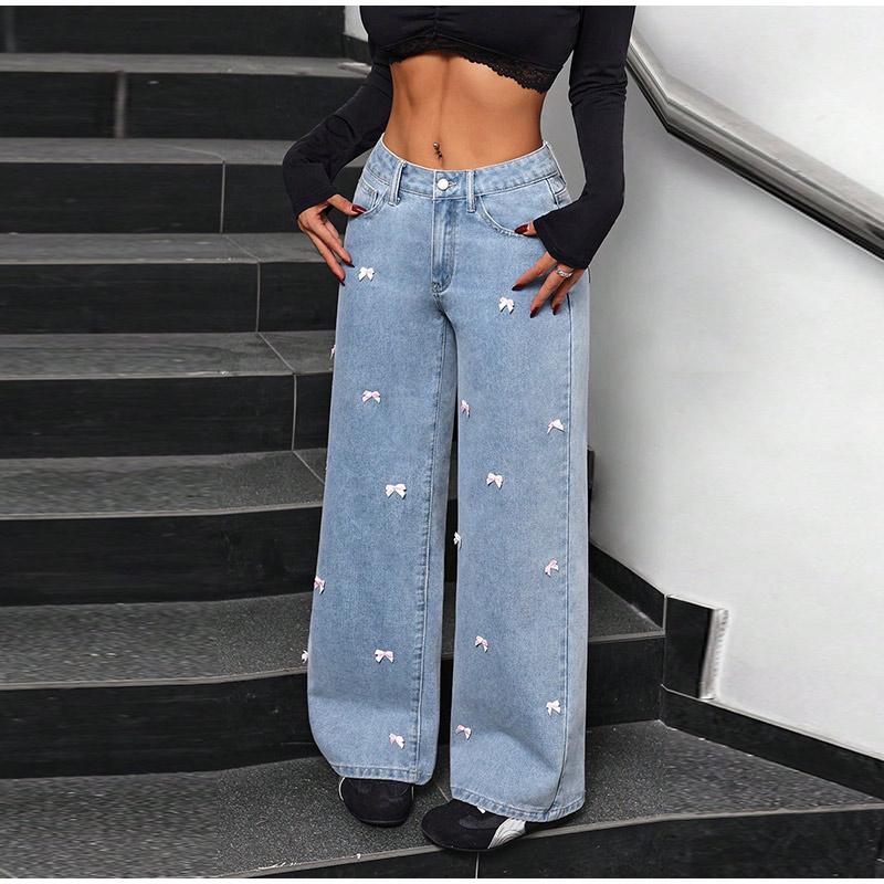 Light Blue Straight Leg Bow Jeans Women's High Waist Spring New Loose Drapey Wide Leg Denim Pants Casual Cotton Stretch