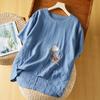 Summer Embroidered Round Neck Art Retro Leisure Loose Slim Short Sleeve Top T-shirt for Women