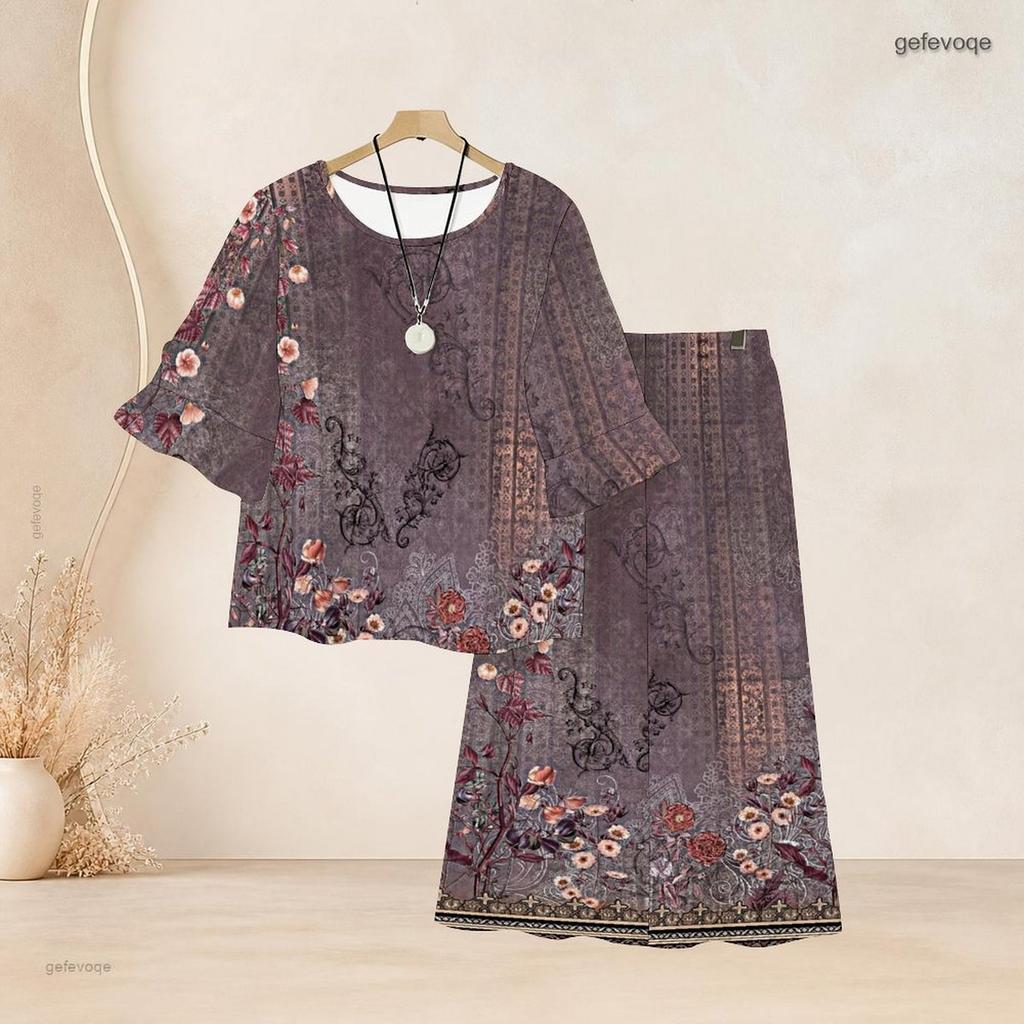 Women Plus Size Printed Two Piece Set Round Neck Flared Half Sleeve Top And Long Pants