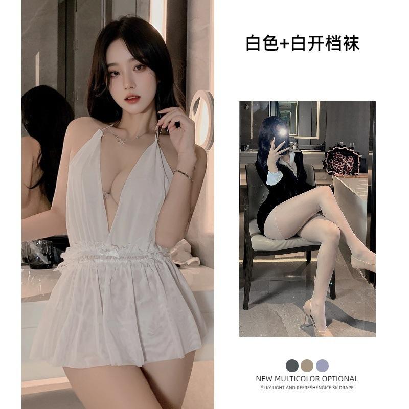Sex underwear neck skirt European and American French nightgown dinner bar uniform mesh backless perspective nightclub dress