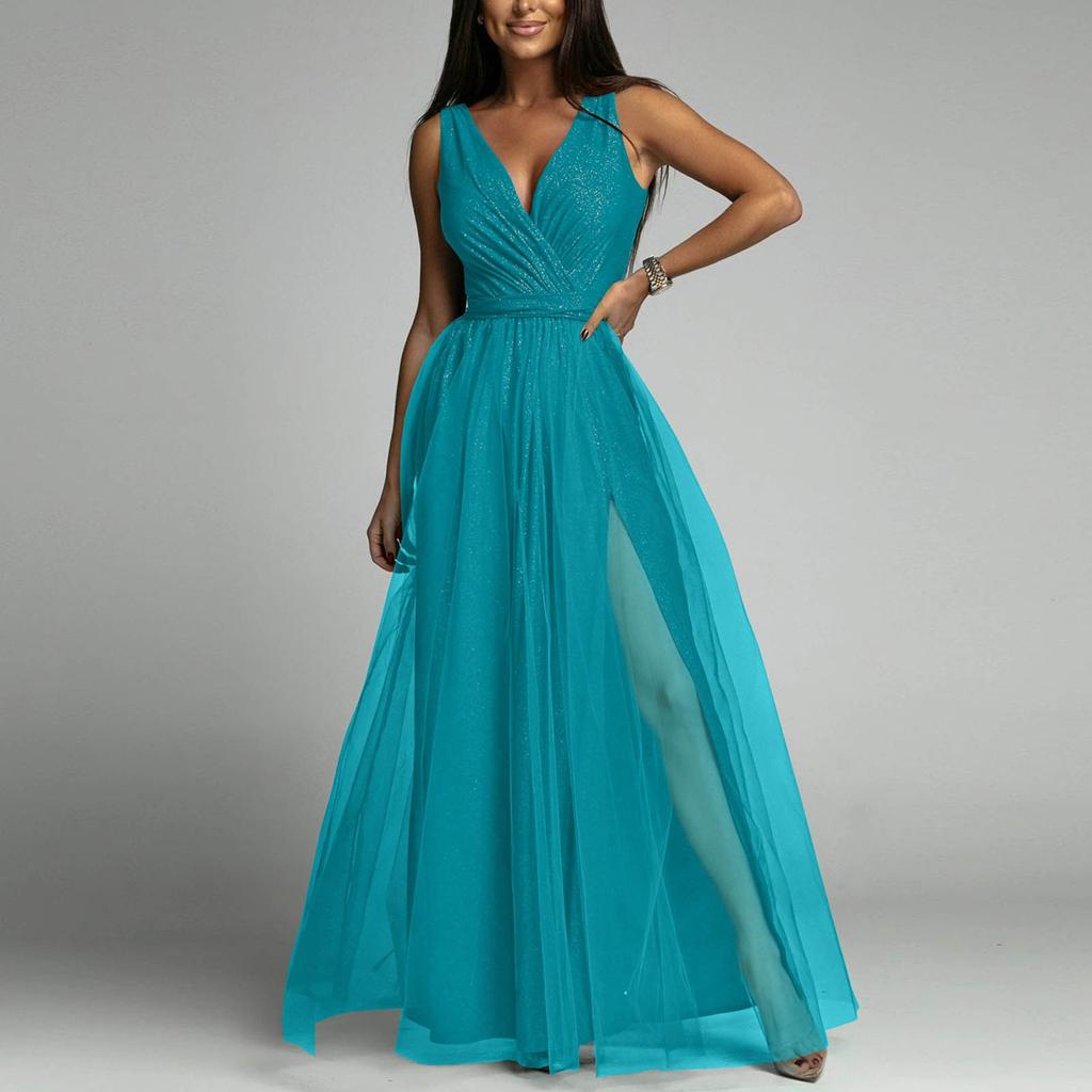 Женское сексуальное блестящее платье с высокой талией и v-образным вырезом, длинное платье