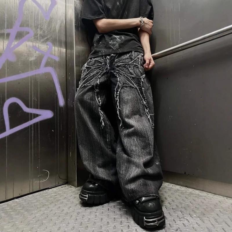 Dark Street Style Loose Fit Jeans Teen Boys Straight Leg Long Pants Casual Daily Wear