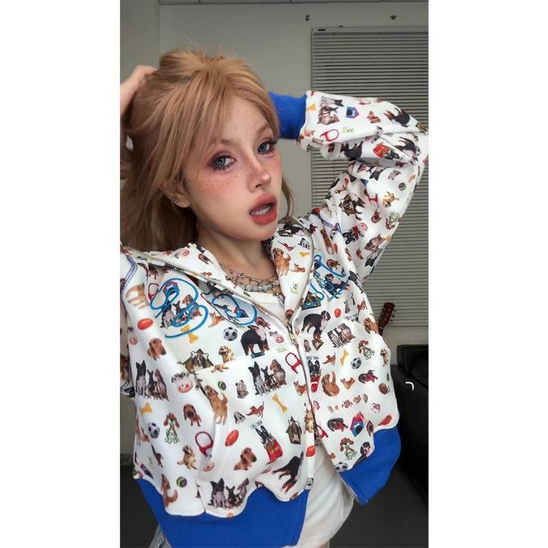 Американский ретро смешной медведь ушки капюшон кавайный собачий принт молния толстовка женская осень милый кор молния укороченная одежда