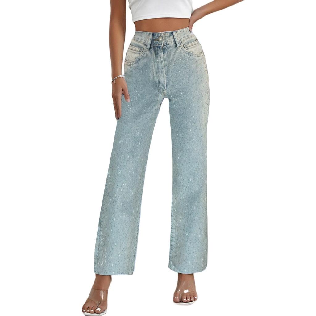 Women's Full Diamond Jeans Casual Vintage Baggy Straight Wide Leg Denim Pants