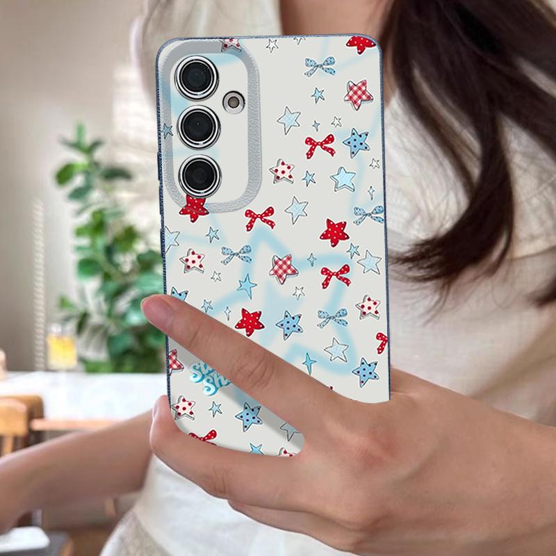 Чехол со звездами и бантами для Samsung Galaxy A57 A56 A55 A54 5G A37 A36 A35 A34 A17 A16 A15 A14 С текстурой кожи Силиконовая крышка