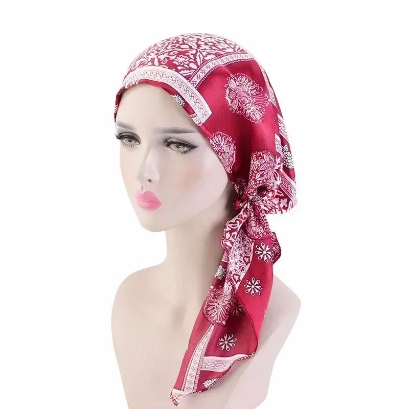 New Shimmer Pre-Tied Hat Women Muslim Hijab Turban Long Tail Headscarf Beanies Bonnet Hair Loss Chemo Cap Head Wrap Bandanas