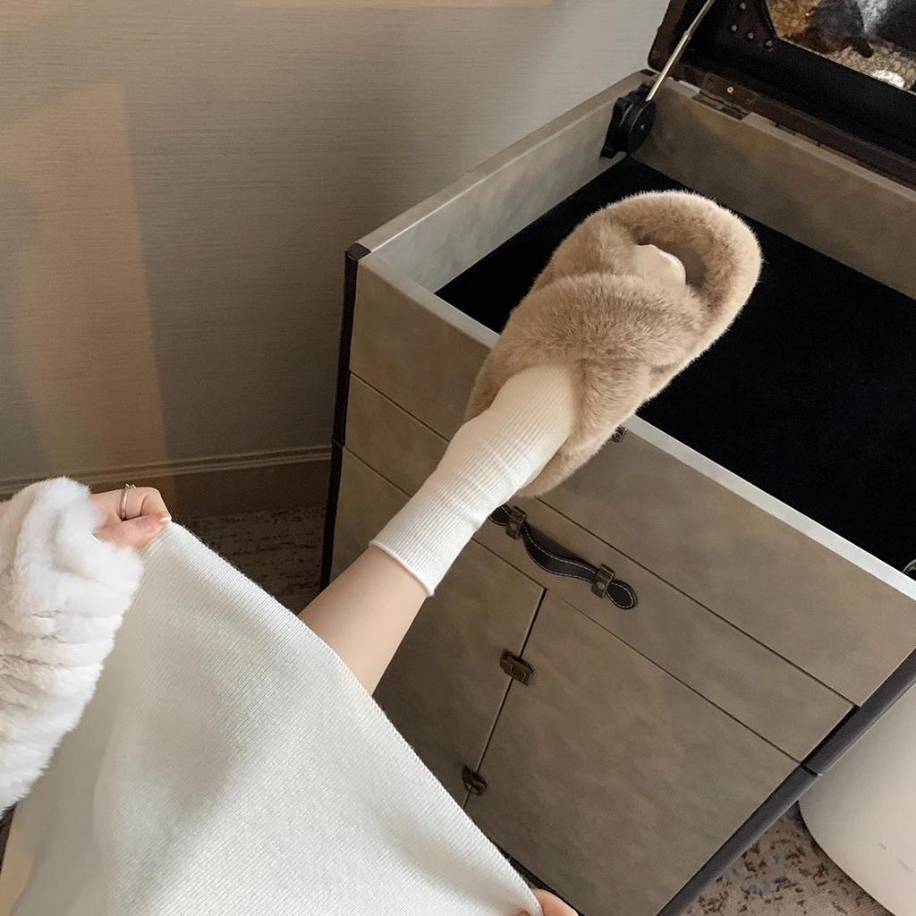 [Sheil Su Yinyin] Мелодия сердца ~ Корейские плюшевые тапочки с толстым дном и перекрестным ремнем, женская осенне-зимняя одежда