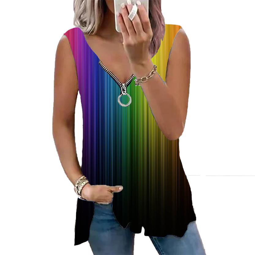 Женский топ, летний новый модный синий топ в вертикальную полоску с принтом, повседневный топ без рукавов на молнии с v-образным вырезом, майка на бретелях