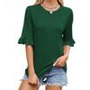 Women's Spring and Summer New Solid Colour Striped Round Neck Ruffled Sleeve Mid-sleeve T-shirt Tops