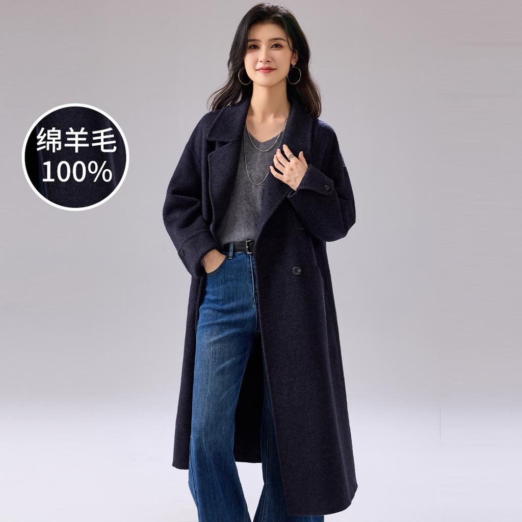 [100% Sheepskin Long Coat] Autumn/Winter Suit Collar Double Breasted Loose Luxury Women's Coat