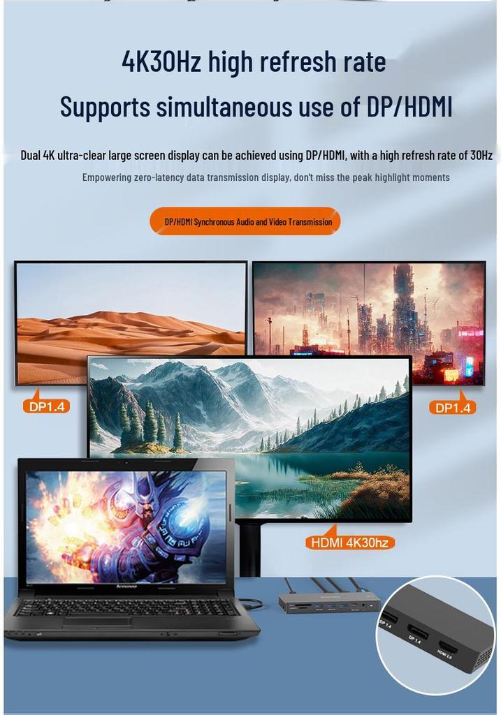 Док-станция USB-C: Двойной DP/HDMI, Четырехэкранный дисплей, Разветвитель USB 3.1, Порт Ethernet, Док-станция для расширения ноутбука