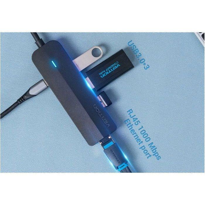 Vention 5-in-1 USB-C To 3x USB 3.0 / RJ45 Gigabit Ethernet Adapter / Micro-B HUB 0.15M Black ABS Typ
