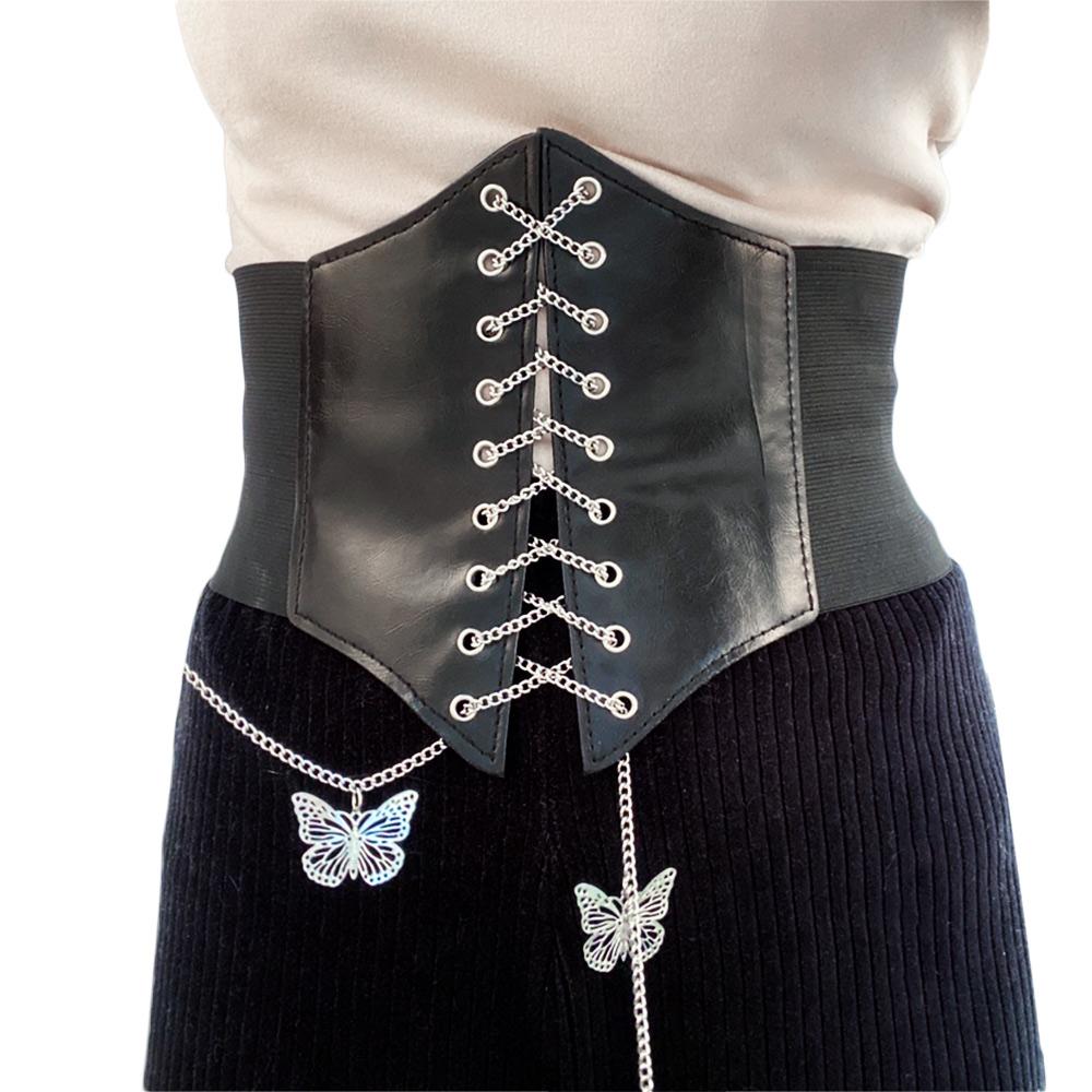 Female Korean Dress PU Leather High Waist Cummerbunds Waist Belt Female Waistband Butterfly Chain
