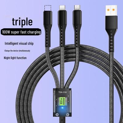 Кабель для зарядки мобильного телефона 3-в-1 с функцией быстрой зарядки мощностью 100 Вт, визуальным чипом, разъемом Type-C и световым индикатором.