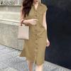 Women Turn Down Collar Solid Color Summer Sleeveless Dress