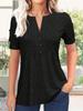 Women's Pleated V Neck T-Shirt Short Sleeve Solid Color Zipper Summer Casual Top
