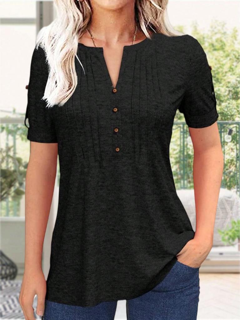Women's Pleated V Neck T-Shirt Short Sleeve Solid Color Zipper Summer Casual Top