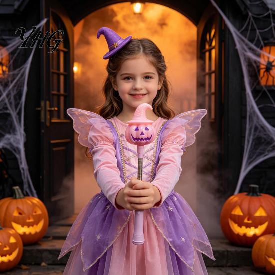 Spring Wobble Pumpkin Figurine Halloween Lighted Sticks, Glowing Lantern, Handheld Shaking Light Kids Holiday Party Favors with Witch Hat, LED Spooky