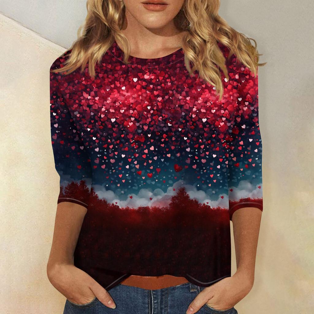 Женская повседневная свободная футболка с круглым вырезом и принтом ко Дню святого Валентина с рукавами три четверти
