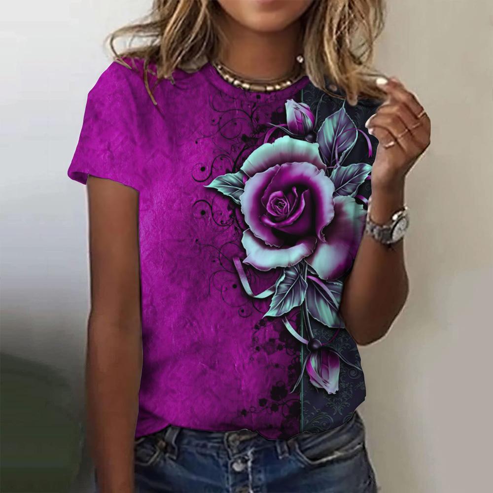 3d Roses Print Women's T Shirts Summer Fashion Short Sleeve Top Oversized Female Clothing Casual Girls Streetwear 2023 New Tees