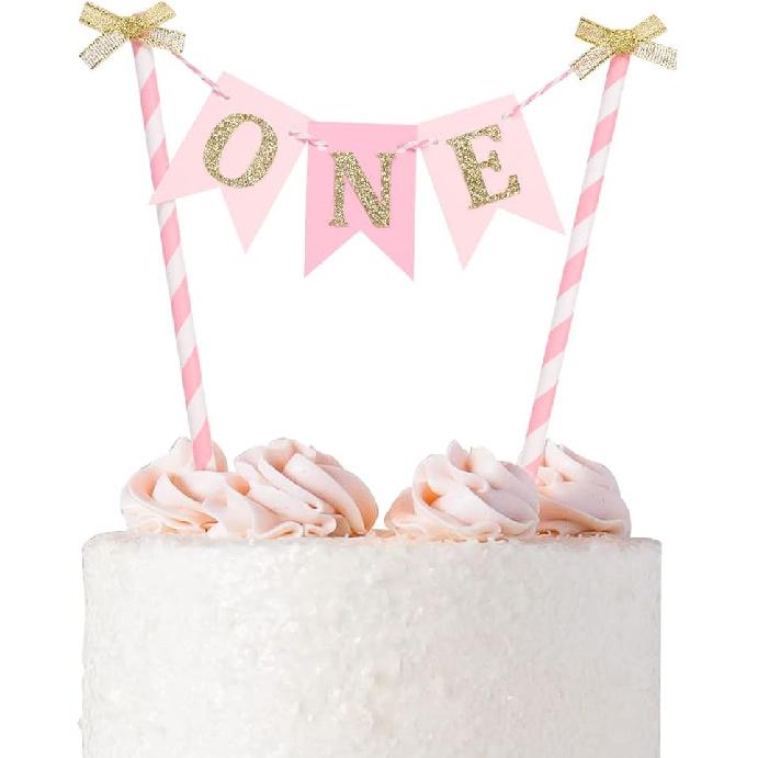 One Cake Topper for Baby Girls - Pink and Gold Cake Topper Banner for 1st Birthday, First Birthday CakeTopper, Paper Straw CakeTopper, Cake Smash