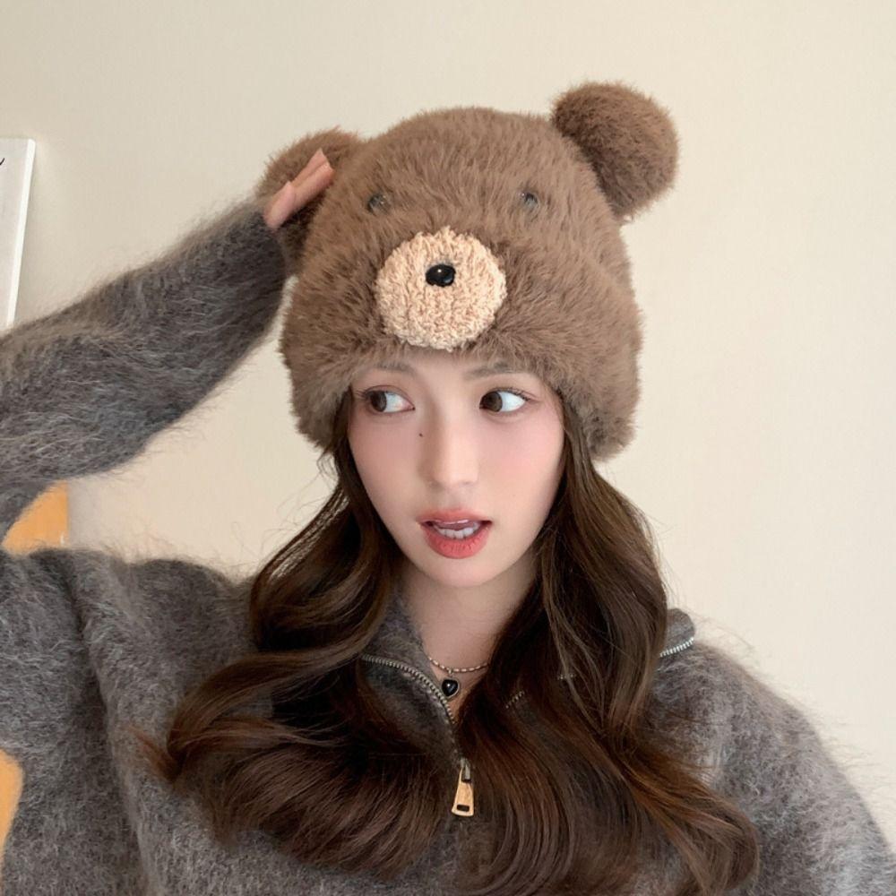 Korean Cute Bear Ear Hat Warm Women Fluffy Hat Fashion Pompom Beanie Cap Girls