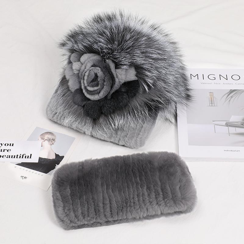 Real Rex Rabbit Fur Hat Women Winter Thickened Ear Protection Caps Knitted Scarf Hat Set Natural Fur Hat With Fox Fur Balls
