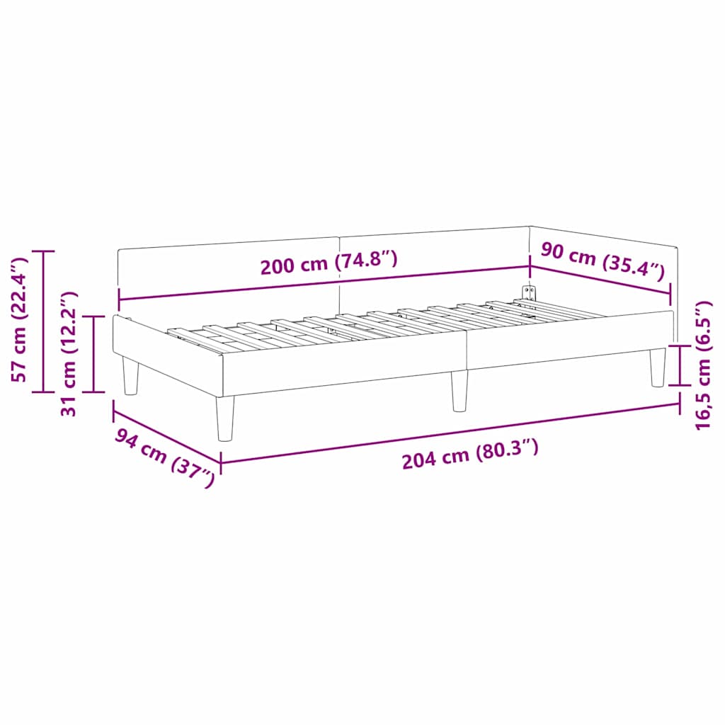Corner Bed Frame Burgundy 90 x 200 cm Fabric