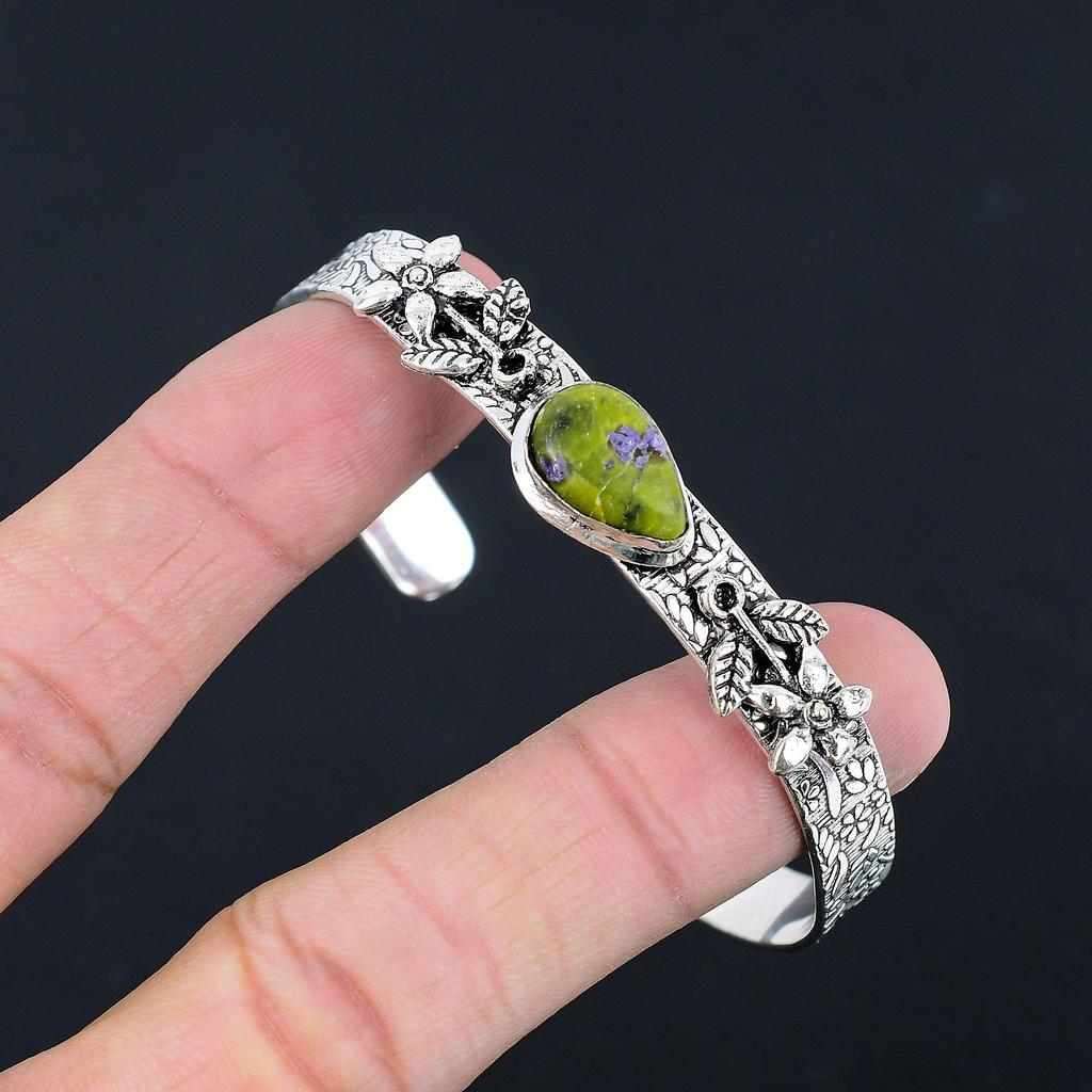 Браслет-бенгл из стерлингового серебра с грушевидным камнем Атлантисит, ручной работы, для помолвки, в виде цветка