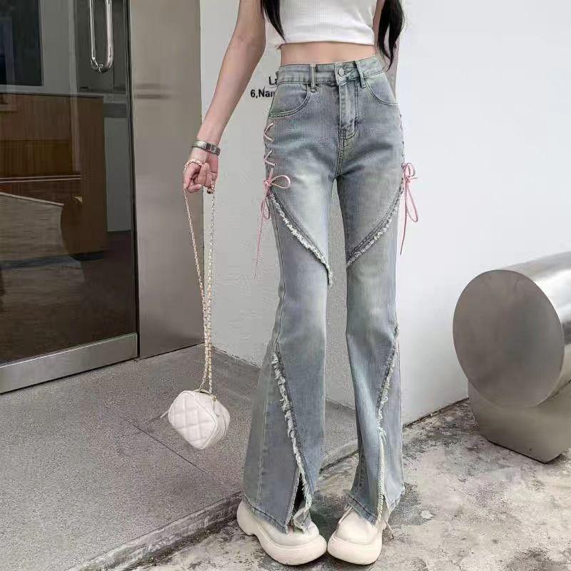 Women's 2024 Split Flare Jeans with Strap Design - American Style, Spring & Fall Casuals