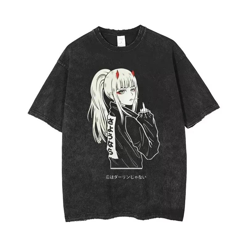 Hot Sale Anime Zero Two DARLING in The FRANXX Manga Graphic Print T-shirt Men Women Vintage Washed O-neck Cotton Loose Casual Oversized Summer New Tee