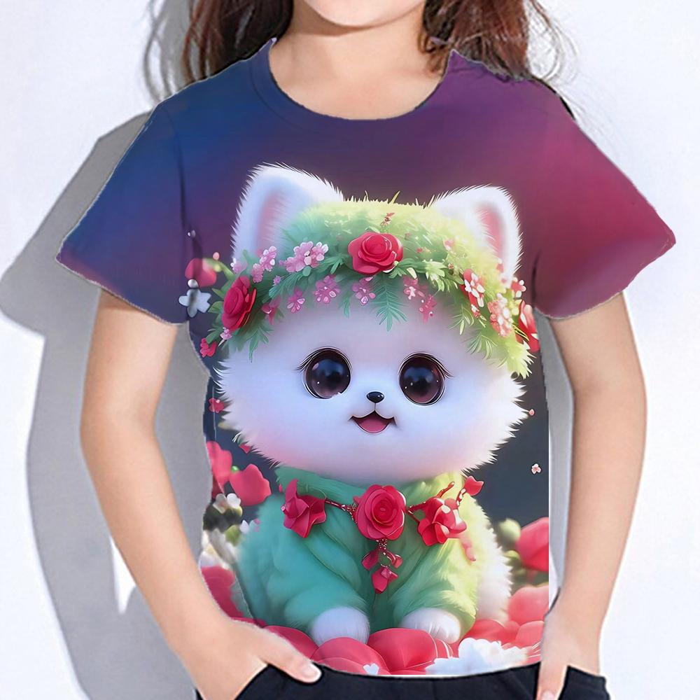 2025 Детская одежда Принт Одежда для девочек Модная блузка Kawaii Футболка Детская одежда Полиэстер Девушка Футболка с коротким рукавом