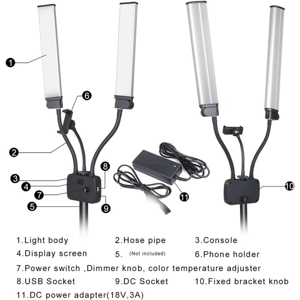45 Вт Гибкий светодиодный заполняющий свет с двумя плечами Светодиодная кольцевая лампа для красоты Двухцветная с регулировкой яркости 3 режима освещения Фотографическое освещение для селфи
