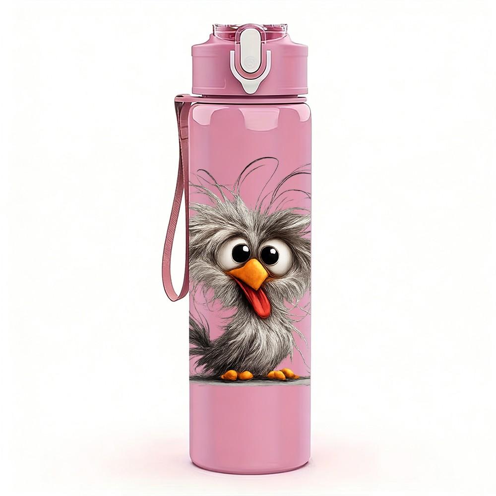 1PC Fluffy Desert Bird Cartoon Print 750ml Color Plastic Sports Water Bottle Leakproof Flip Straw Lid Suitable for Sports Office Home Use