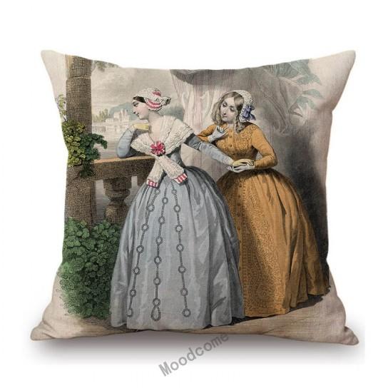 Antique Fashion Book Ettiquette Lady Dress European Costume Elegant Wear Cotton Linen Sofa Throw Pillow Case Chair Cushion Cover