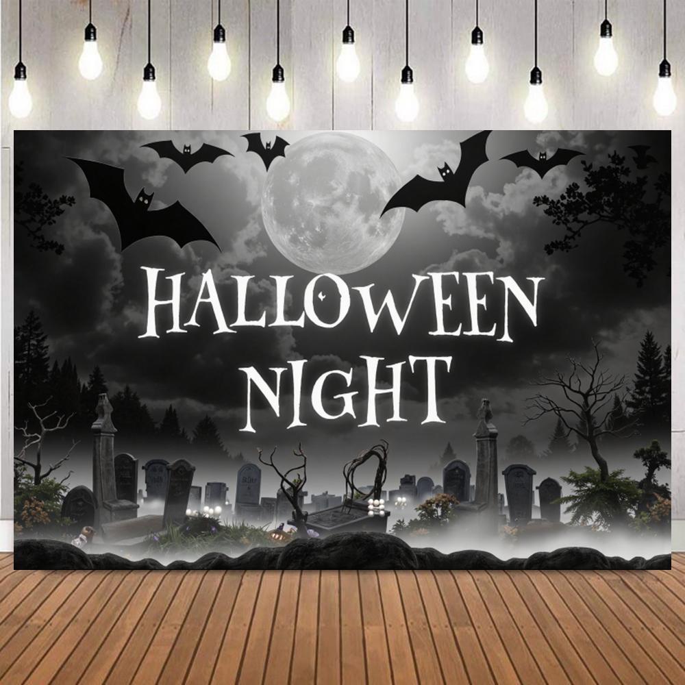 Background for Halloween Photography Full Moon Night Skull Bats Castle Fog Desolate Cemetery Themed Party Photo Backdrop Props13