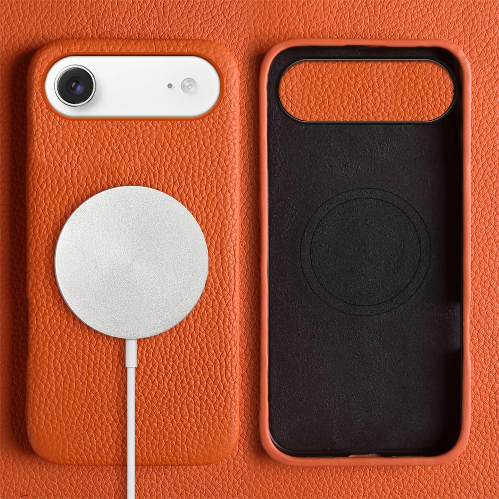 For iPhone Air Case Compatible with MagSafe Litchi Texture Genuine Cow Leather + PC Phone Cover