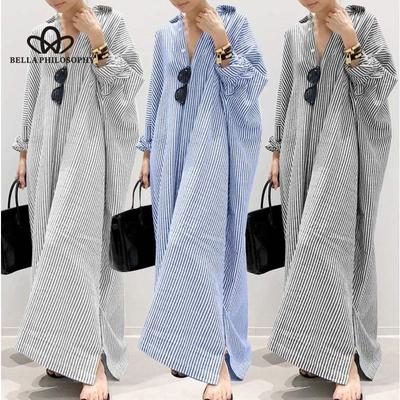 Полосатый кардиган, свободное платье больших размеров, темпераментное пригородное платье нестандартной формы, модное повседневное элегантное длинное платье