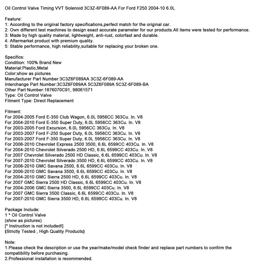 Oil Control Valve Timing VVT Solenoid 3C3Z-6F089-AA For Ford F250 2004-10 6.0L