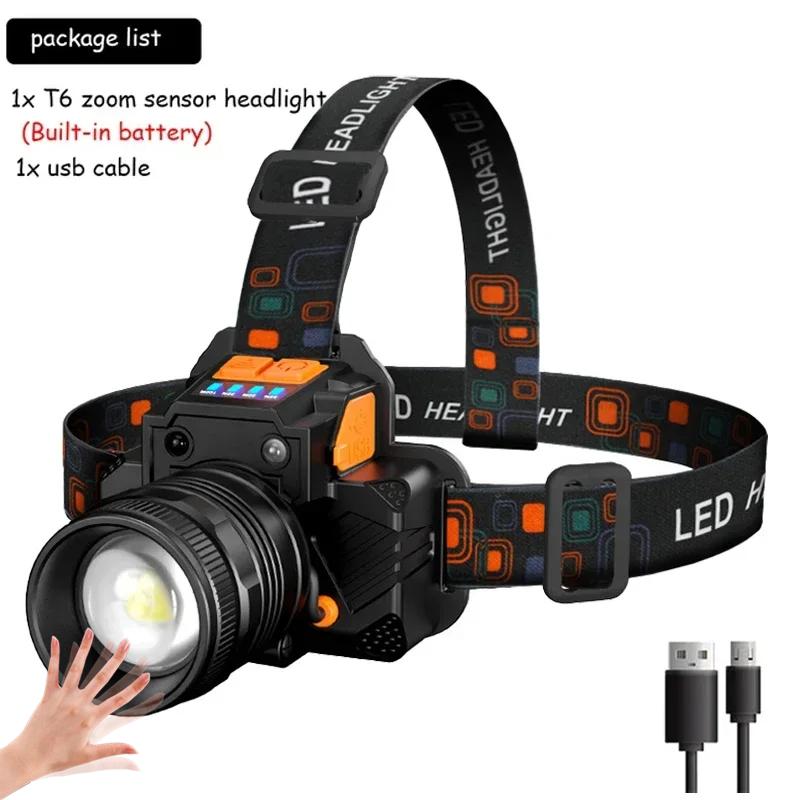 Перезаряжаемый налобный фонарь с датчиком COB Chip LED Zoom Fishing Torch Outdoor Super Bright Waterproof Camping Hunting Warning Head Lamp