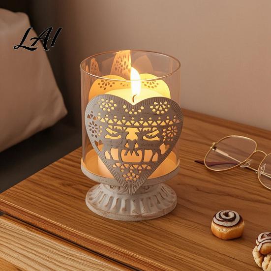 Seasonal Atmosphere Light 2Pcs Christmas Hollow Metal Candle Holder Vintage Tabletop Tealight Lantern Xmas Distressed Retro Ornament Elk Tree Star