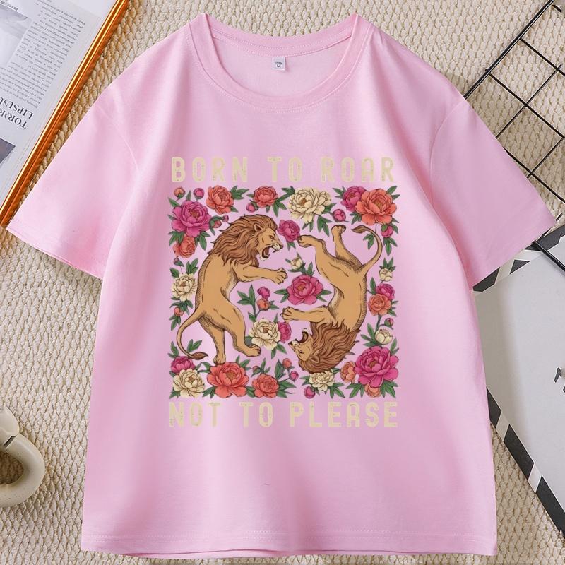 Born To Roar Not To Please TShirt Feminist Lion Graphic Tee Retro Floral Lion T Shirt Unisex Women Short Sleeve Tshirt Tops