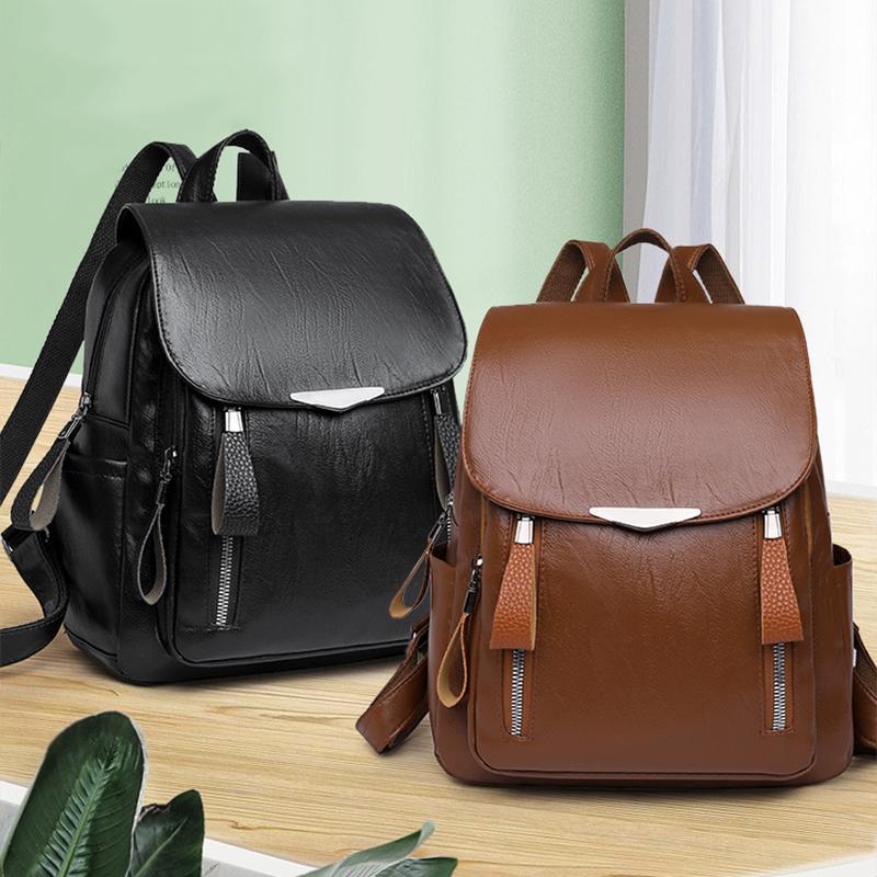 Women's Flap Backpack Solid Color PU Leather Large Capacity Female Daypack Backpack Rucksacks Casual Travel School Bag