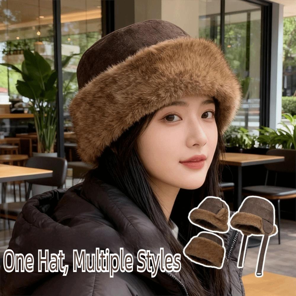 Fluffy Womens Bucket Hat Solid Color Ear Protection Caps Fashion Faux Mink Plush Hats Winter